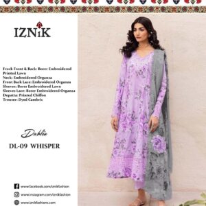 Iznik Digital Printed 90/70 Lawn Embroidered with Chickenkari 3 Piece Unstitched Suit