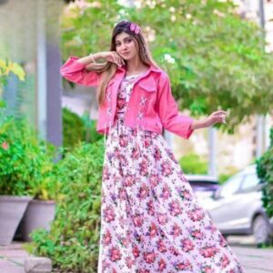 Stylish Linen Short Coat & Printed Maxi With Stylish Belt
