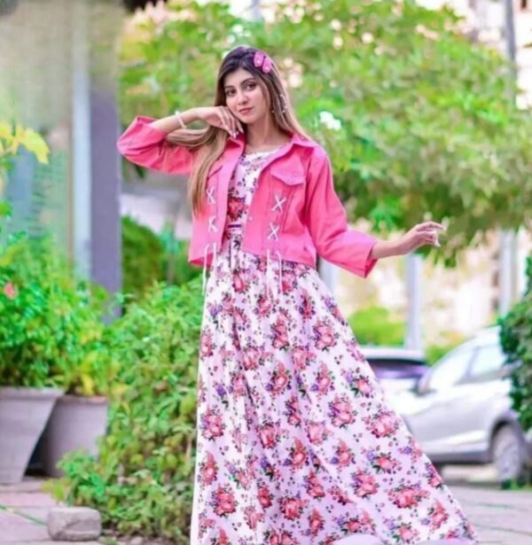 Stylish Linen Short Coat & Printed Maxi With Stylish Belt
