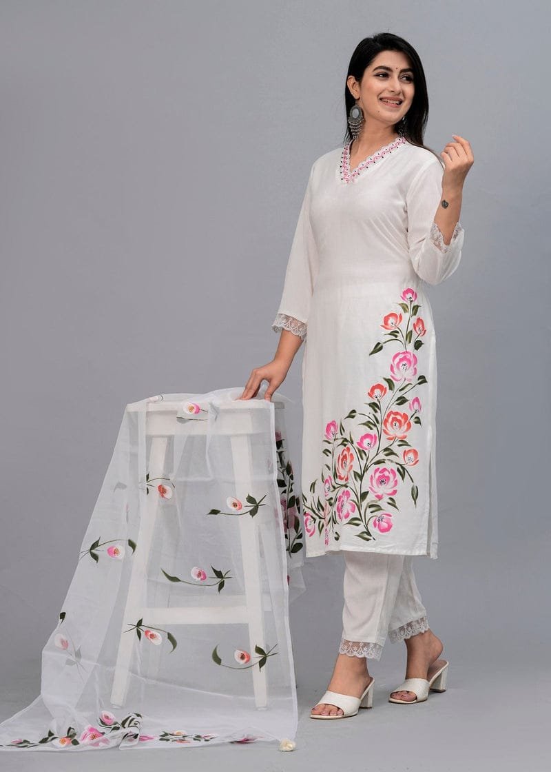 New Arrival Stitched 3 Piece Neck + Border Flower's Embroidery Suit