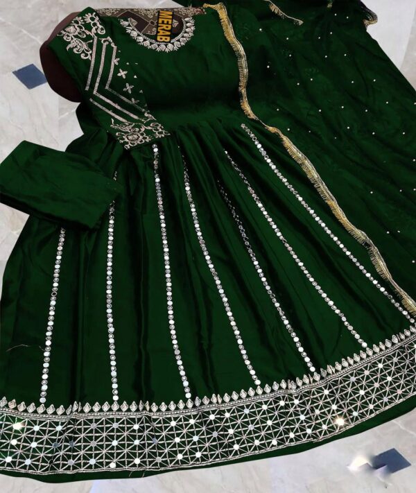 Heavy Embroidery Handwork Mirror Attached Maxi With Pearls Lace Dupatta 3Pcs - Image 5