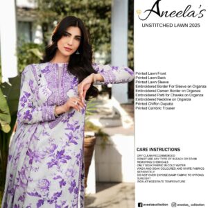 Aneela’s Printed 90/70 Lawn Embroidered 3 Piece Unstitched Suit