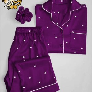 Heart Print, Piping Work On Shirt and Trouser Night Suit 3Pcs (With Hair Scrunch)