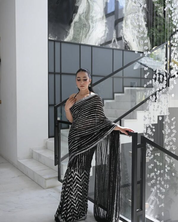 FARAH TALIB | SEQUENCE EMBROIDERED BLACK SAREE