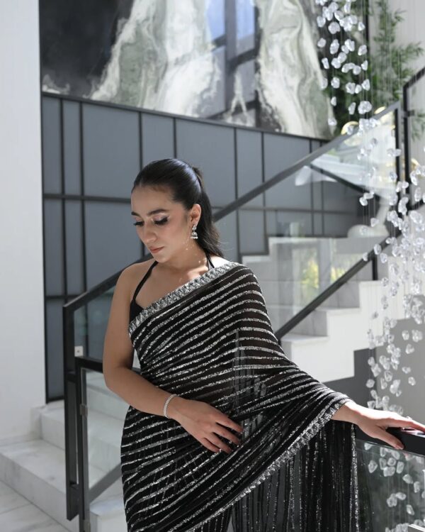 FARAH TALIB | SEQUENCE EMBROIDERED BLACK SAREE - Image 4