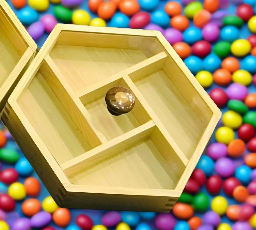 Multi-Purpose Hexagon 5 Portion Wooden Storage Box With Glass Lid - Image 2