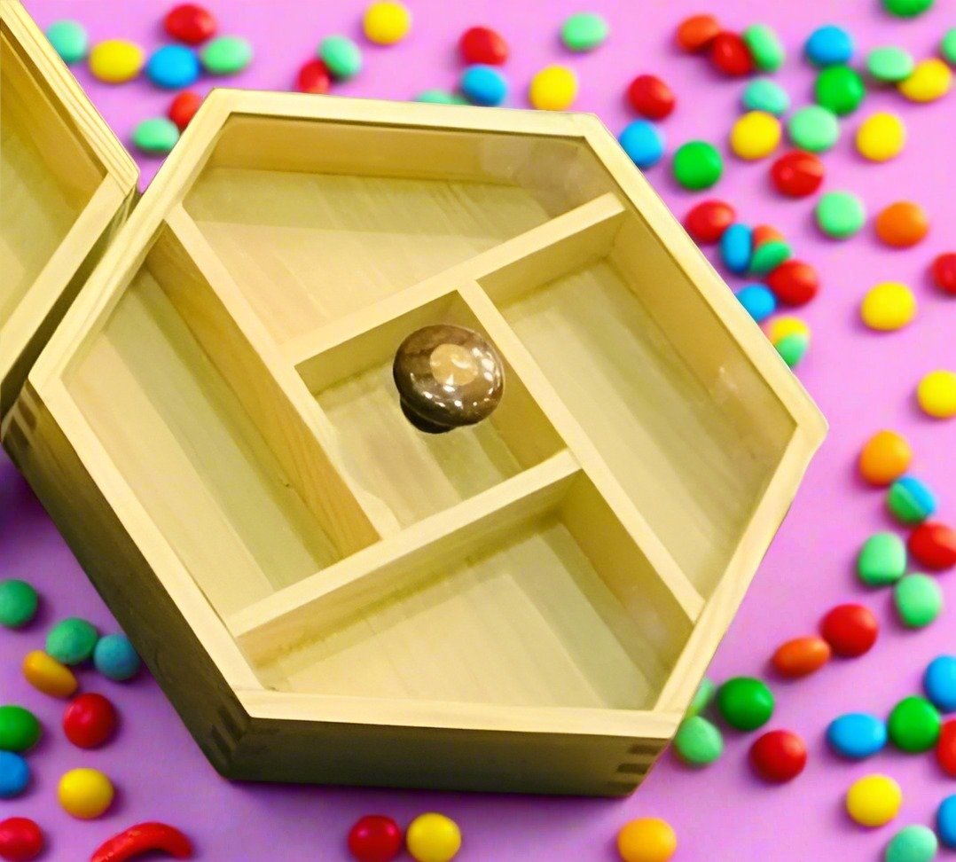 Multi-Purpose Hexagon 5 Portion Wooden Storage Box With Glass Lid - Image 4