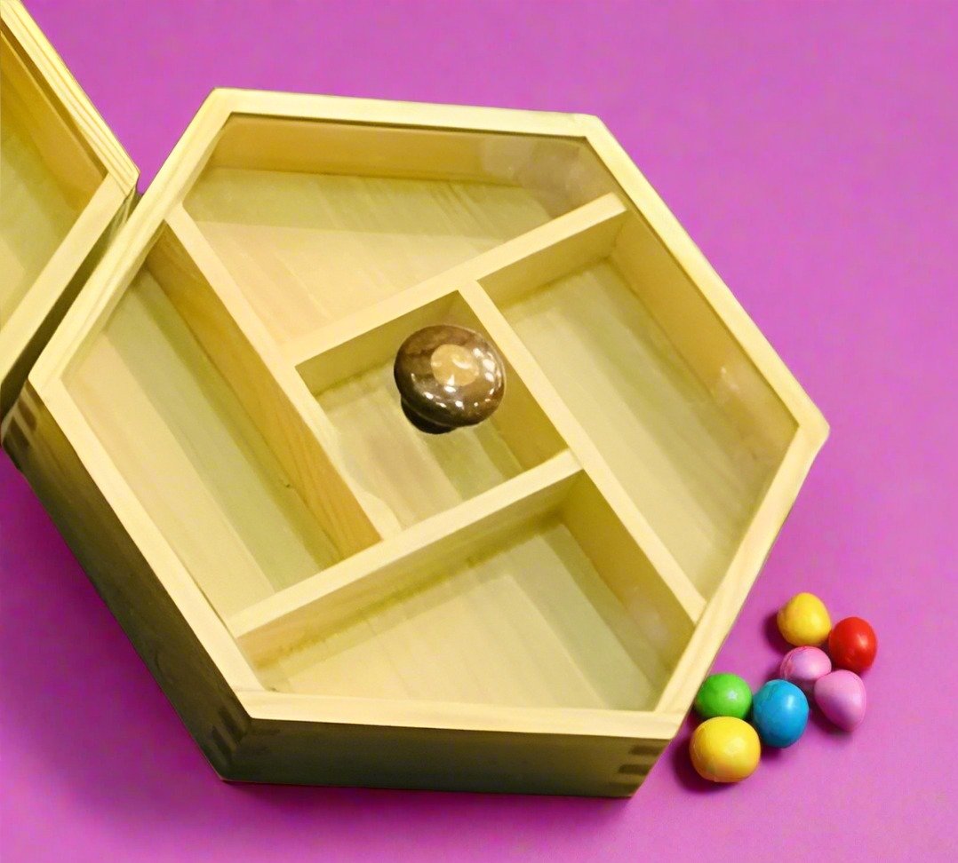 Multi-Purpose Hexagon 5 Portion Wooden Storage Box With Glass Lid - Image 3