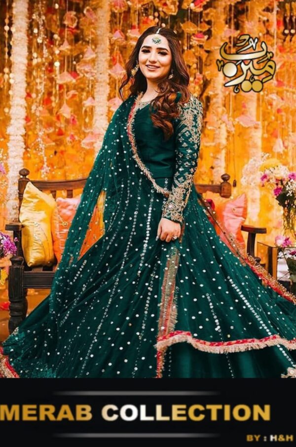 Heavy Embroidery Handwork Mirror Attached Maxi With Pearls Lace Dupatta 3Pcs - Image 3