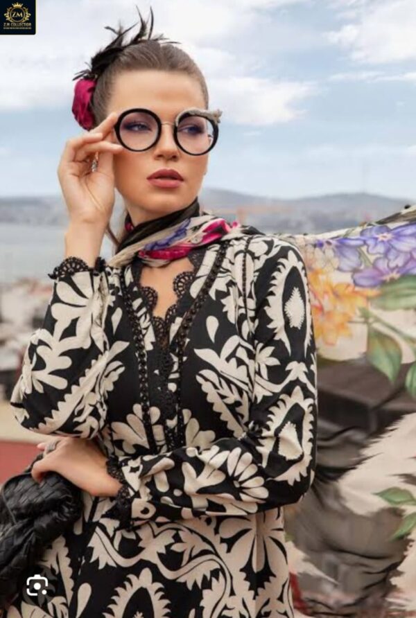 ZM COLLECTION | LUXURY EMBROIDERED WITH LACE WORK | DIGITAL PRINTED CAMBRIC BLACK,SKIN & BLACK,WHITE 3 PC STITCHED SUIT - Image 3