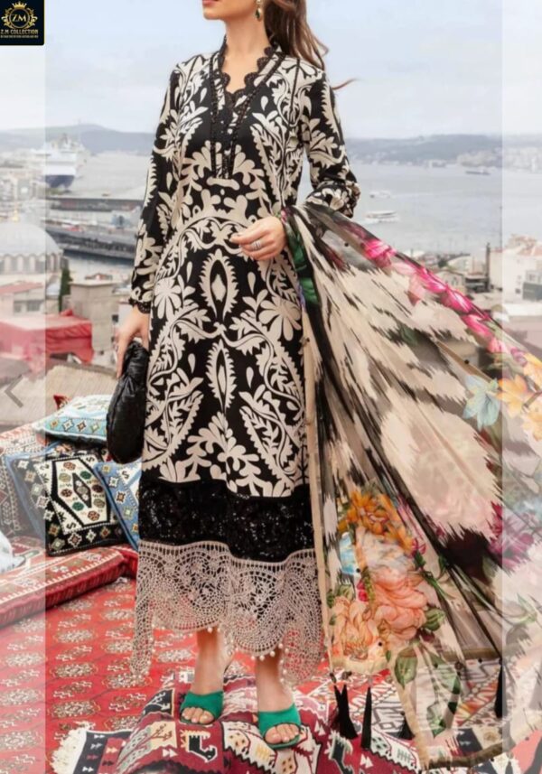 ZM COLLECTION | LUXURY EMBROIDERED WITH LACE WORK | DIGITAL PRINTED CAMBRIC BLACK,SKIN & BLACK,WHITE 3 PC STITCHED SUIT