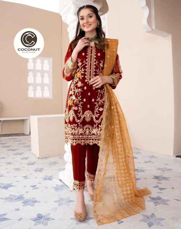 Coconut Collection Heavy Embroidered Shirt with Embroidered Trouser & Embroidered Dupatta 3PCs - Image 4