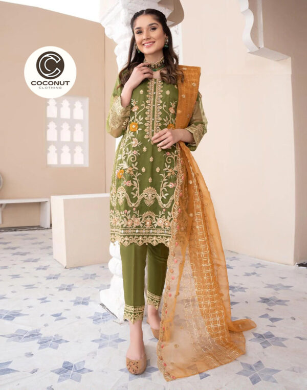 Coconut Collection Heavy Embroidered Shirt with Embroidered Trouser & Embroidered Dupatta 3PCs - Image 5