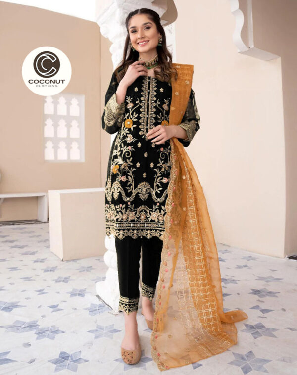Coconut Collection Heavy Embroidered Shirt with Embroidered Trouser & Embroidered Dupatta 3PCs - Image 3