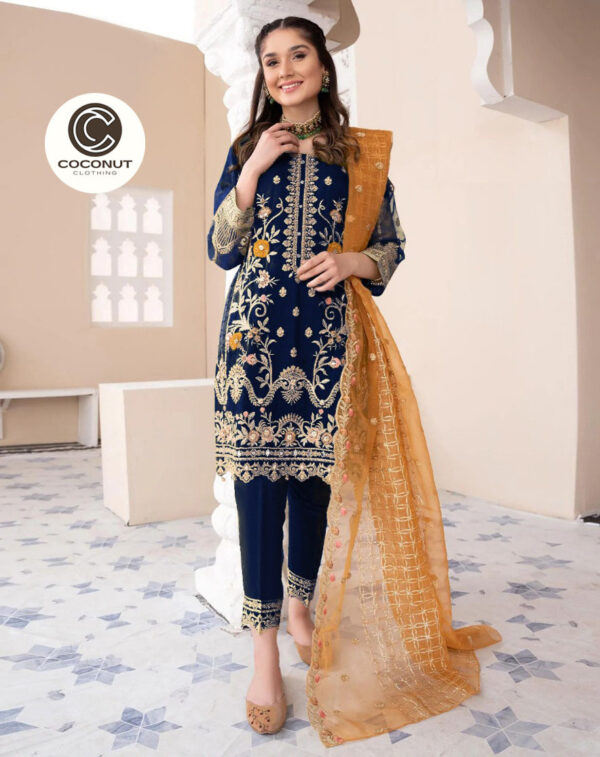 Coconut Collection Heavy Embroidered Shirt with Embroidered Trouser & Embroidered Dupatta 3PCs - Image 2