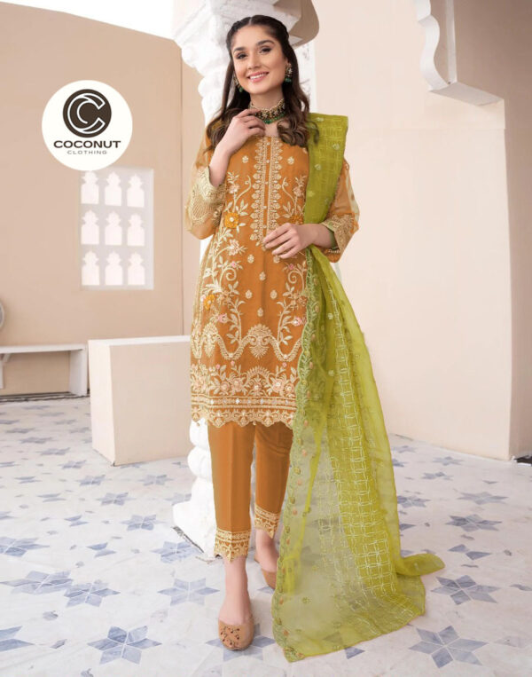 Coconut Collection Heavy Embroidered Shirt with Embroidered Trouser & Embroidered Dupatta 3PCs
