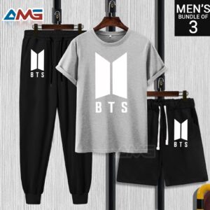 3 IN 1 MEN TRACK SUIT | BTS White Print's T-SHIRT + TROUSER + SHORT