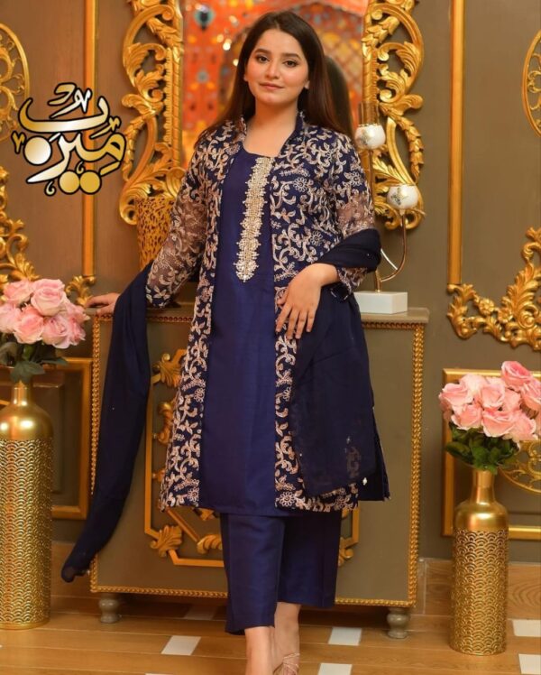 MERAB COLLECTION 4 Piece  Front Fully Embroidered Gown With Embroidered Inner, Plain Dupatta & Trouser - Image 3