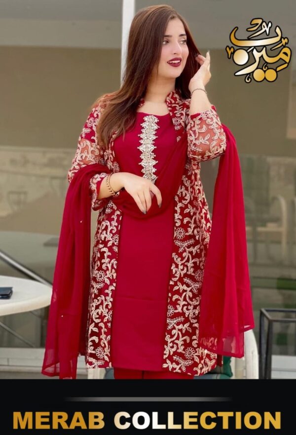 MERAB COLLECTION 4 Piece  Front Fully Embroidered Gown With Embroidered Inner, Plain Dupatta & Trouser - Image 2