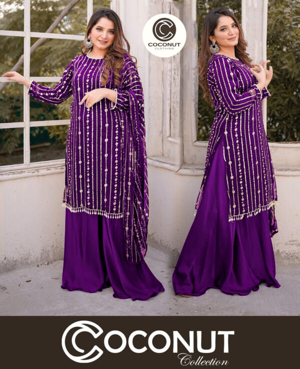 Coconut Collection 3 Piece Sequence  Heavy Embroidered Chiffon Stitch Shirt & Dupatta With Silk Lehenga