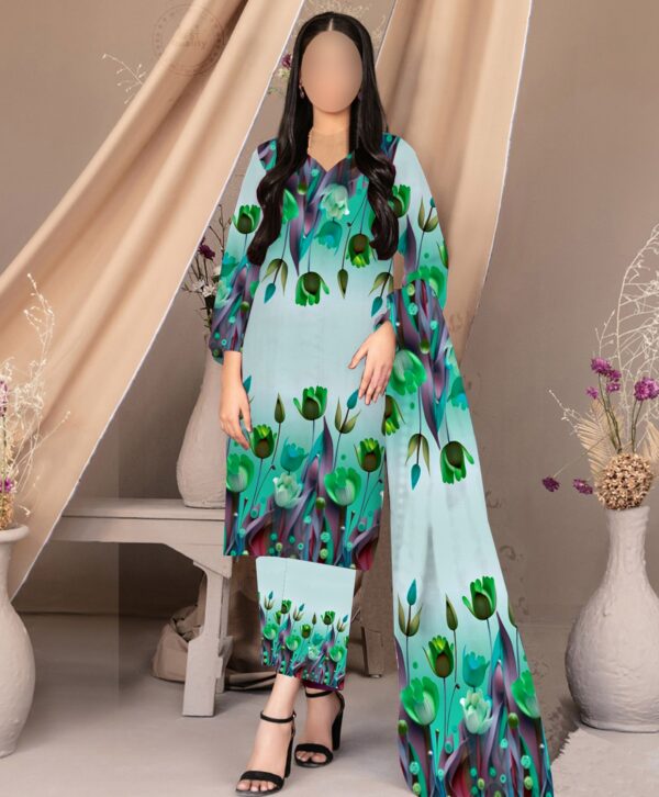 MULTI SHADED DIGITAL PRINTED 3 PIECE SILKY SUIT COLLECTION - Image 7